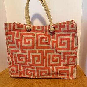 Geometric Patterned Tote Bag - coral and Tan